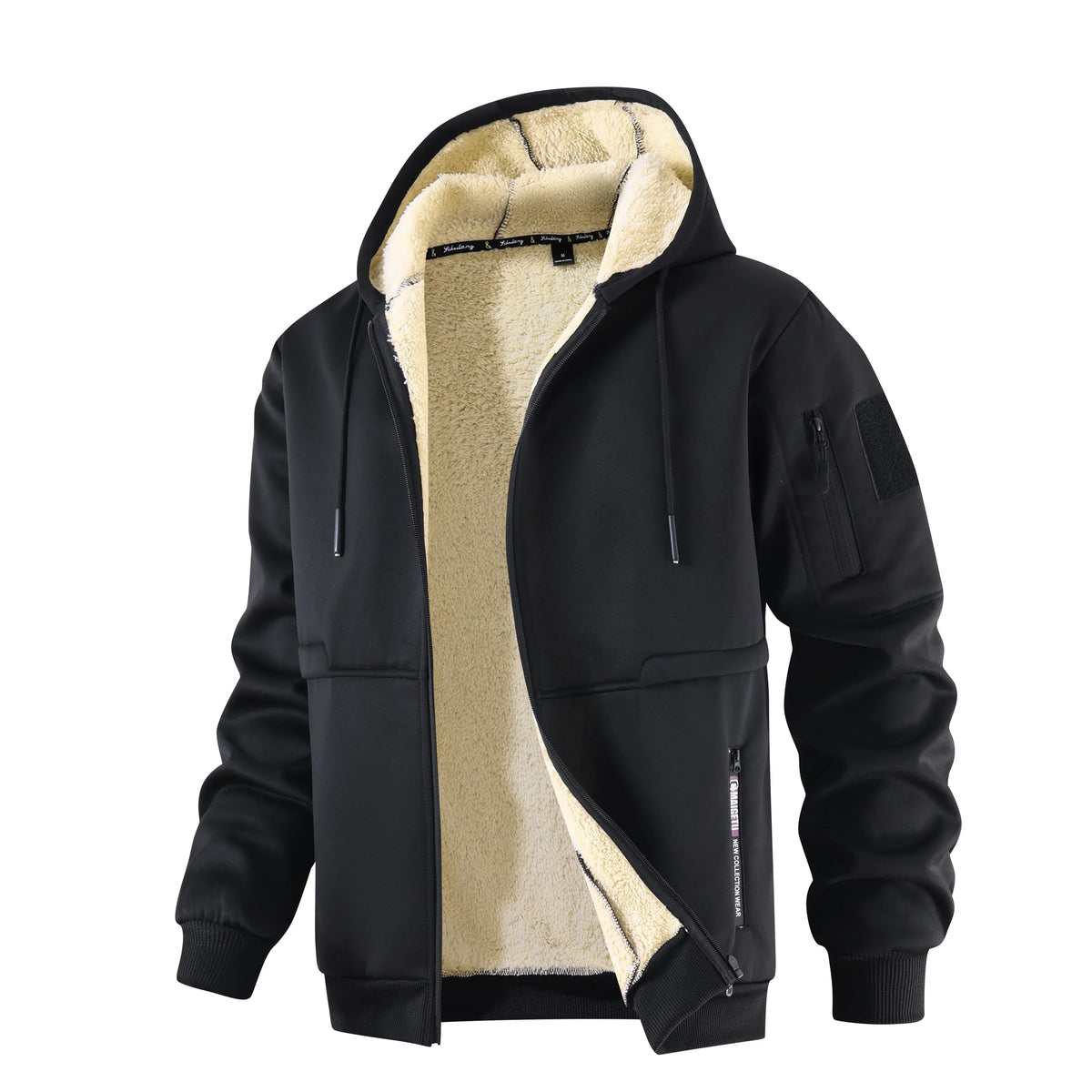 Men's Thick Sherpa-Lined Zip Hooded Jacket With Ribbed Trims - Black
