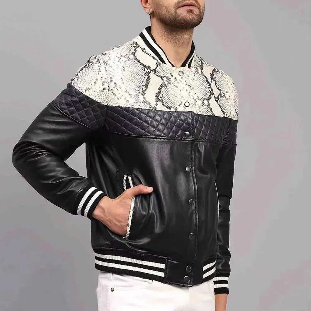 Men's Slim Fit Stand Collar Leather Bomber Jacket Breathable