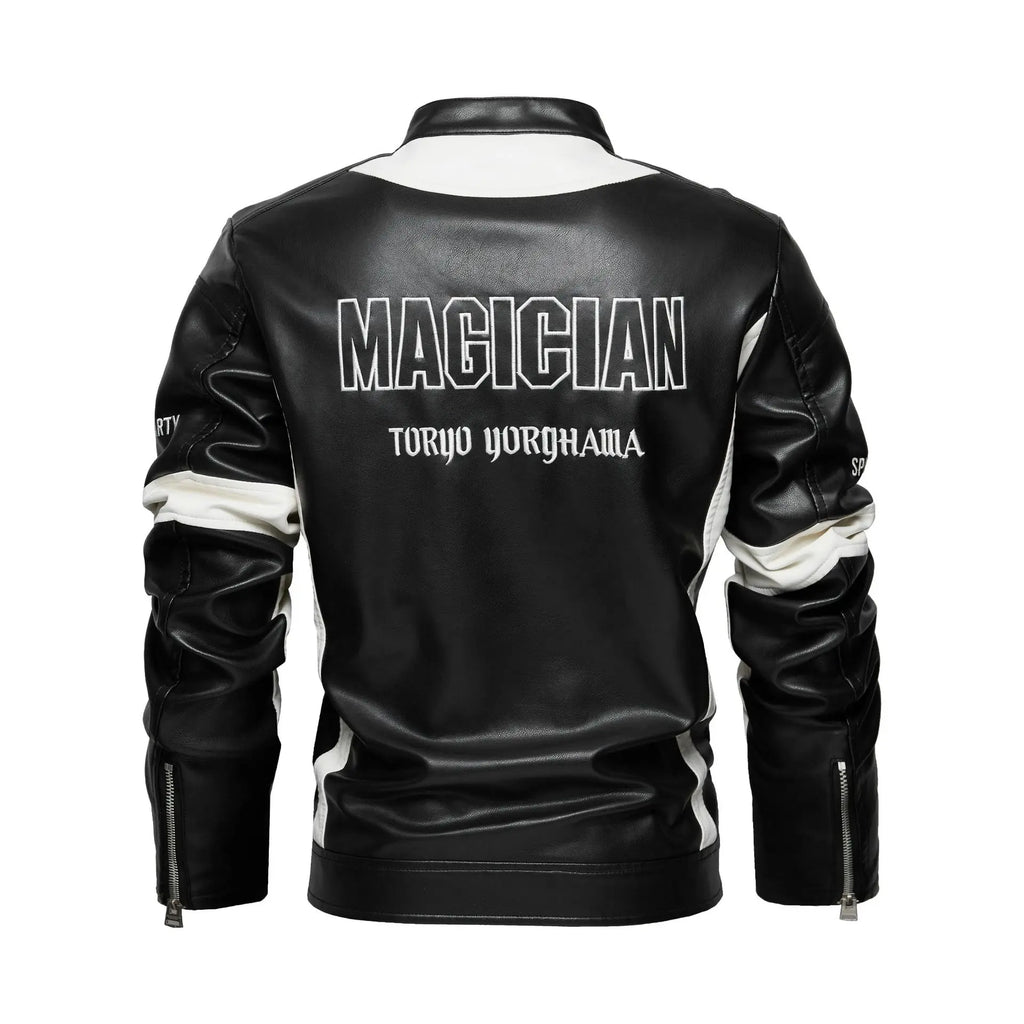 Men's Motorsport Patch Leather Jacket With Snap Collar