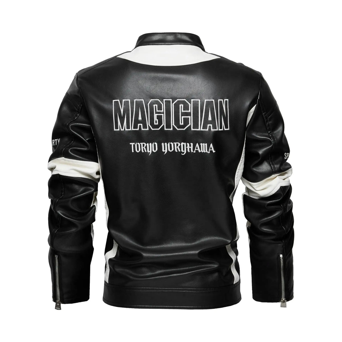 Men's Motorsport Patch Leather Jacket With Snap Collar