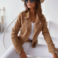 Women's Suede Moto Jacket With Button Placket and Angled Zip - Beige