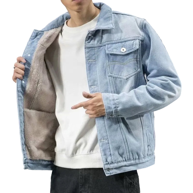 Men's Pointed-Collar Denim Jacket With Plush Fleece Interior
