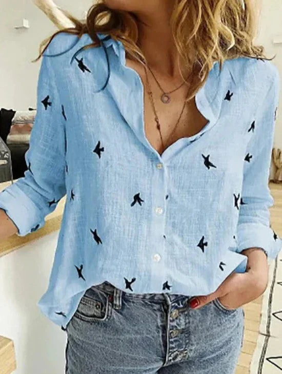 Women's Button-Down Shirt Long Sleeve Bird Print Blouse