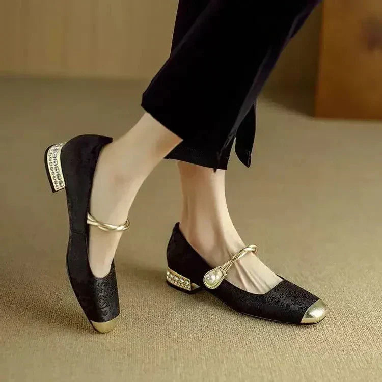 Women's Pearl Braided Strap Vintage Block Heel Shoes