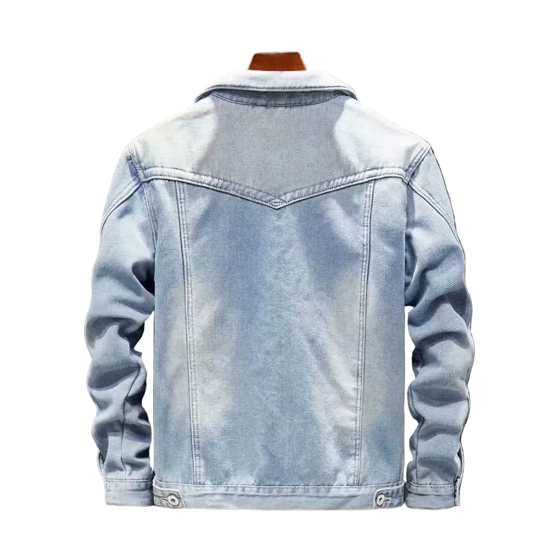 Men's Pointed-Collar Denim Jacket With Plush Fleece Interior