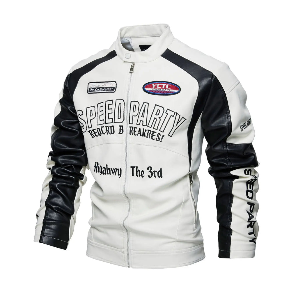 Men's Motorsport Patch Leather Jacket With Snap Collar - White