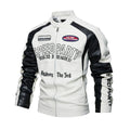 Men's Motorsport Patch Leather Jacket With Snap Collar - White