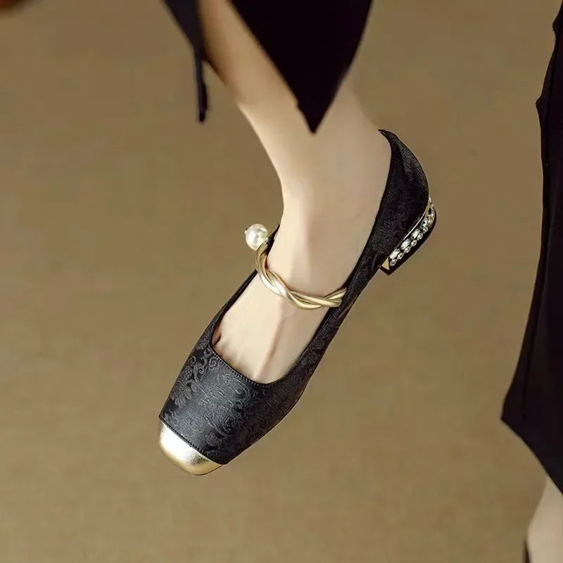 Women's Pearl Braided Strap Vintage Block Heel Shoes