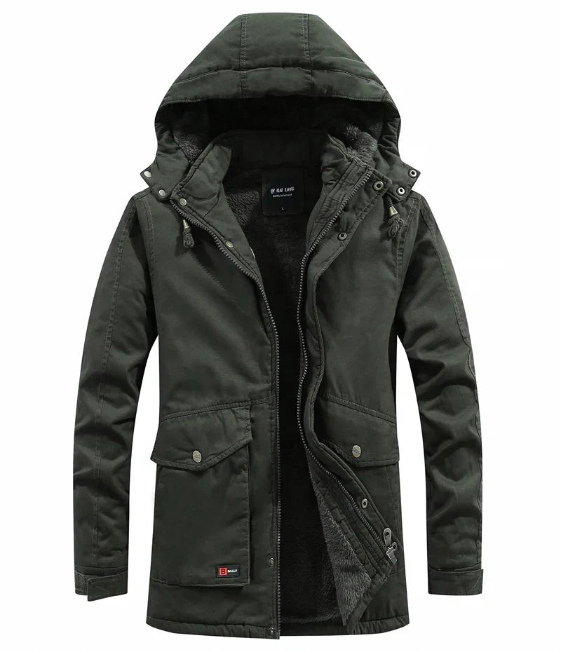 Men's Rugged Hooded Parka With Fleece Interior and Utility Pockets - Army Green A