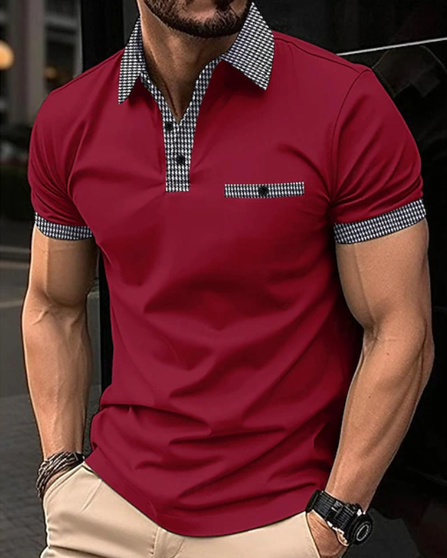 Men's Plaid Collar Short Sleeve Polo - Red