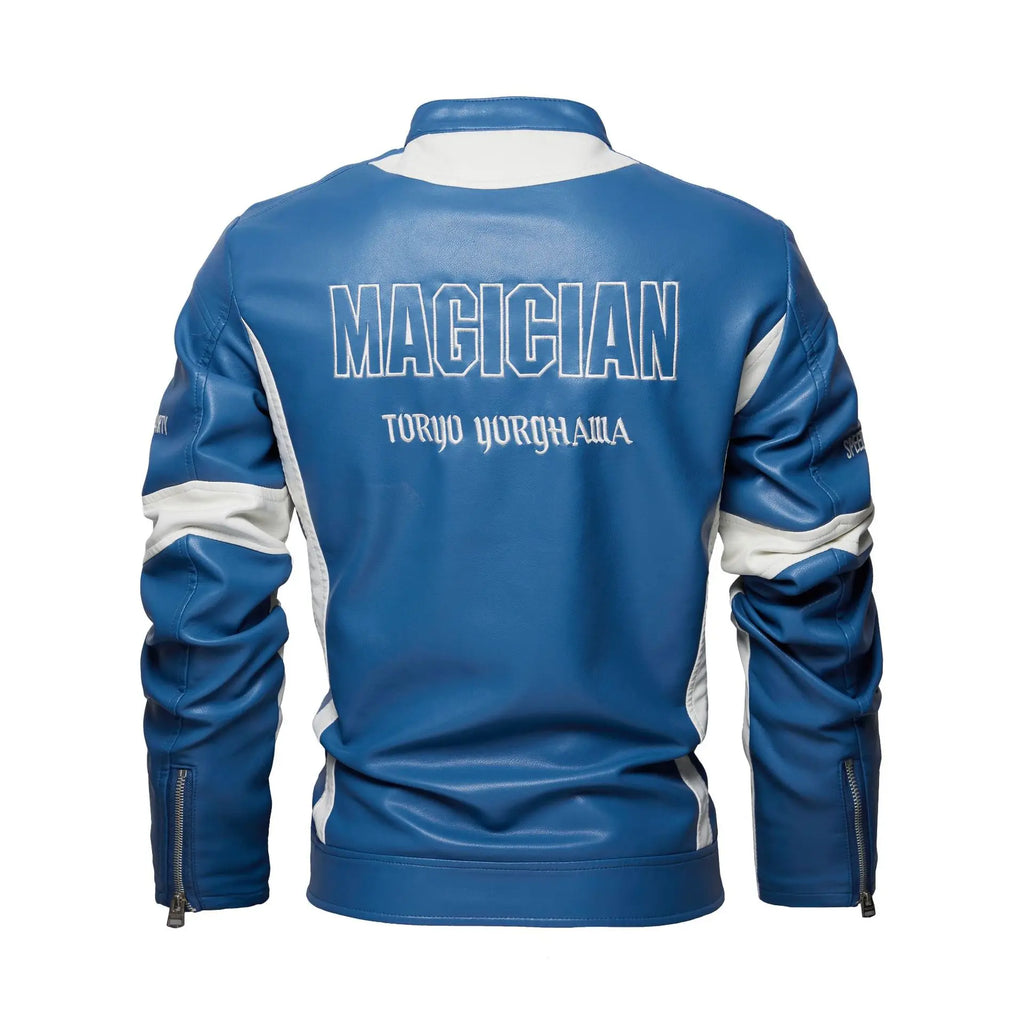 Men's Motorsport Patch Leather Jacket With Snap Collar