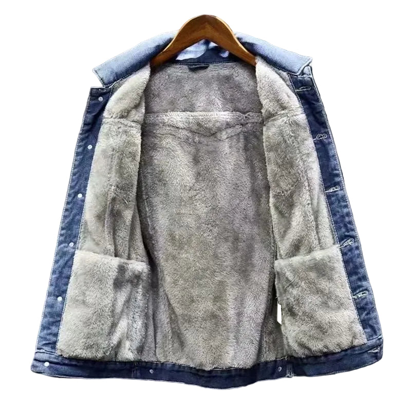 Men's Pointed-Collar Denim Jacket With Plush Fleece Interior