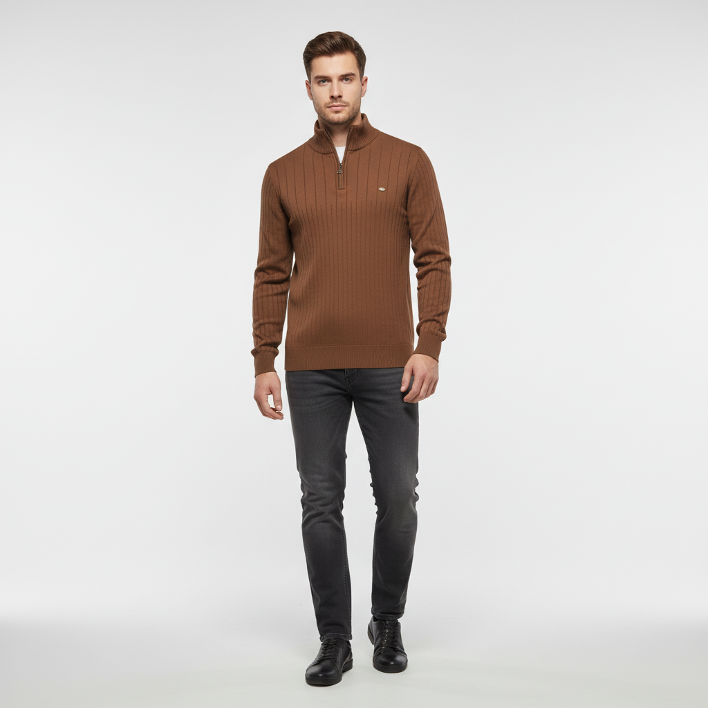 Men's Ribbed Quarter Zip Sweater with Stand Collar