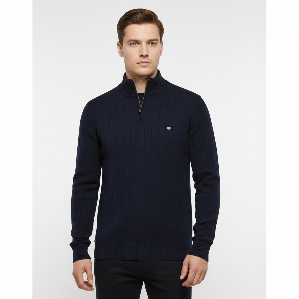 Men's Ribbed Quarter Zip Sweater with Stand Collar