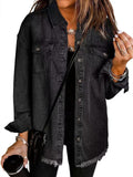Women's Relaxed Longline Washed Jean Jacket With Chest Pockets - Black