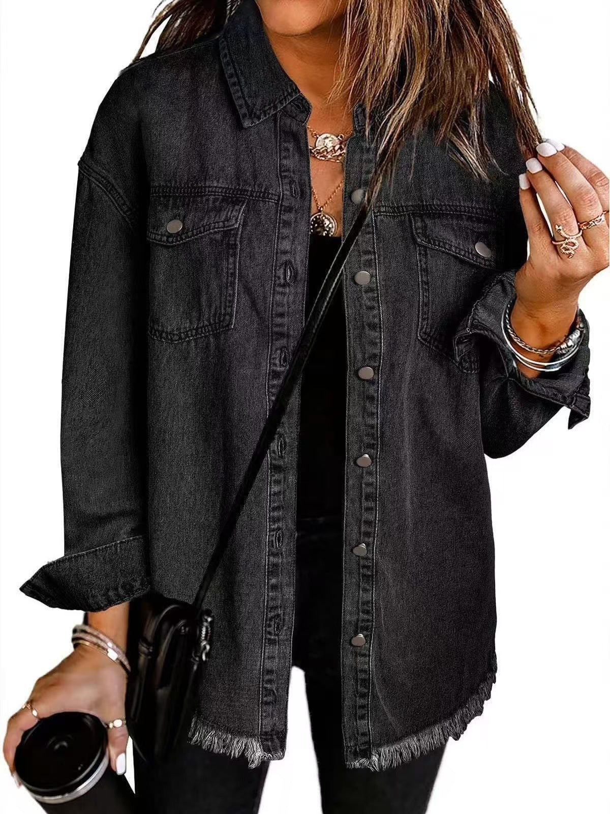 Women's Relaxed Longline Washed Jean Jacket With Chest Pockets - Black