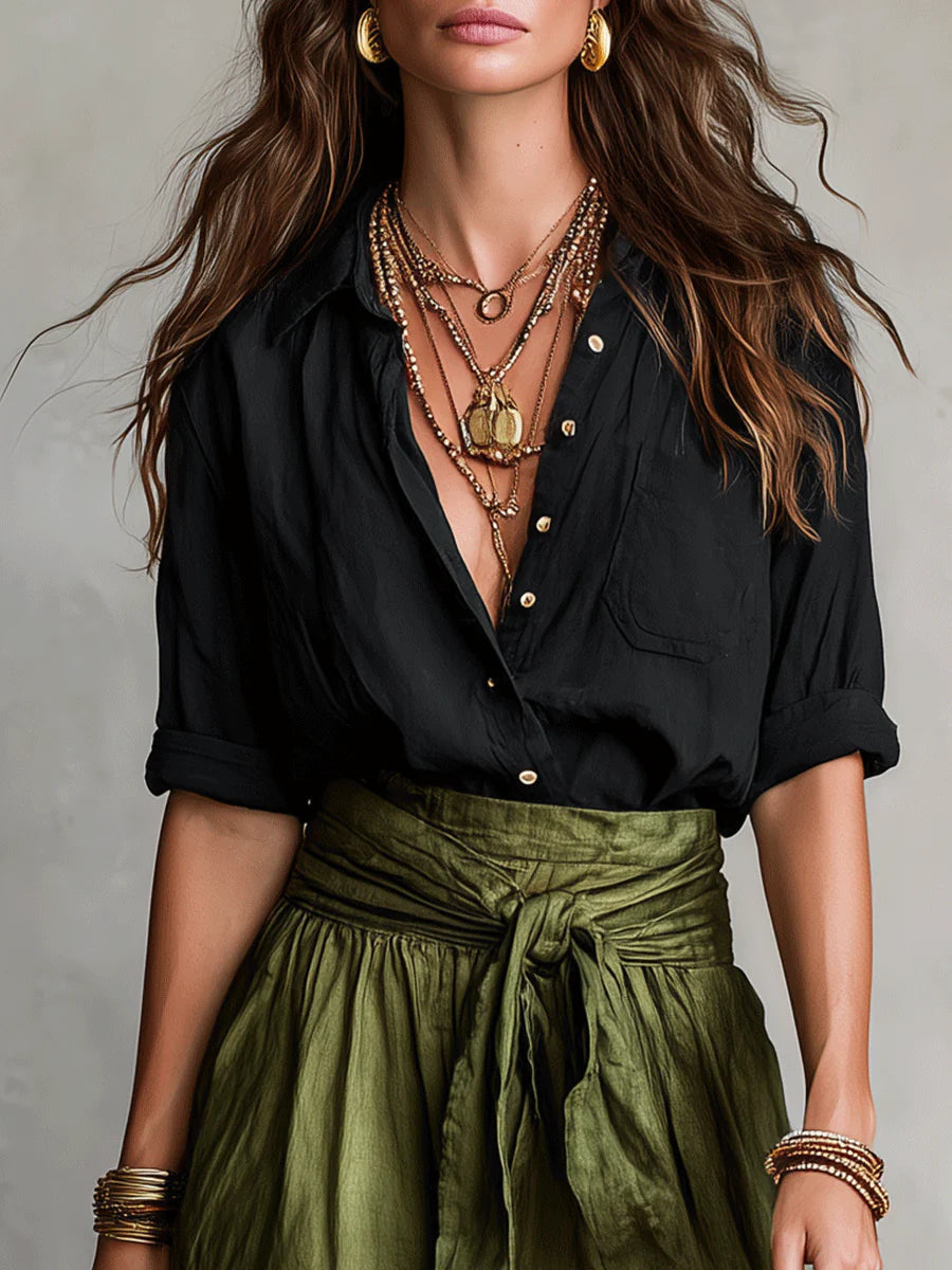 Women's Draping Button Shirt and Tie-Belt Midi Skirt Two-Piece