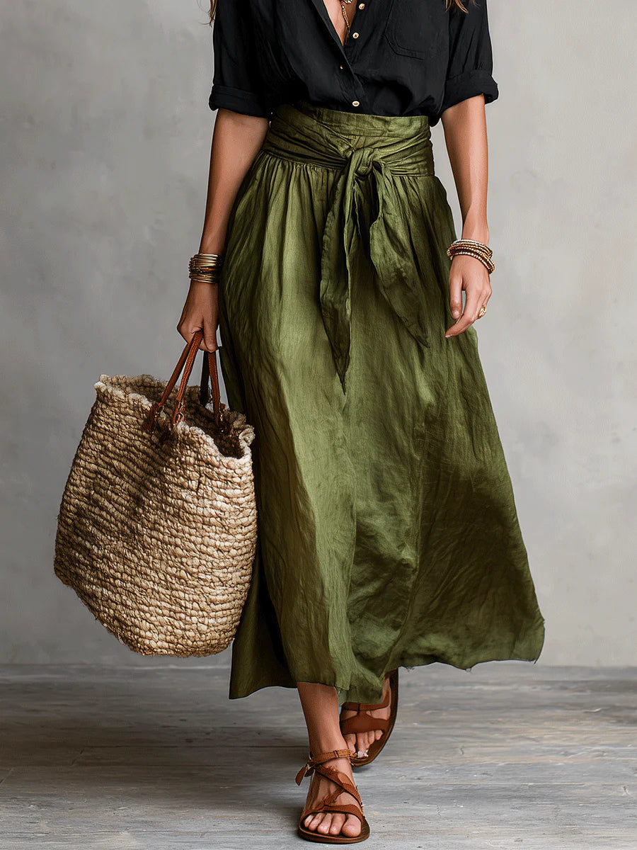 Women's Draping Button Shirt and Tie-Belt Midi Skirt Two-Piece
