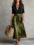 Women's Draping Button Shirt and Tie-Belt Midi Skirt Two-Piece - Black Green