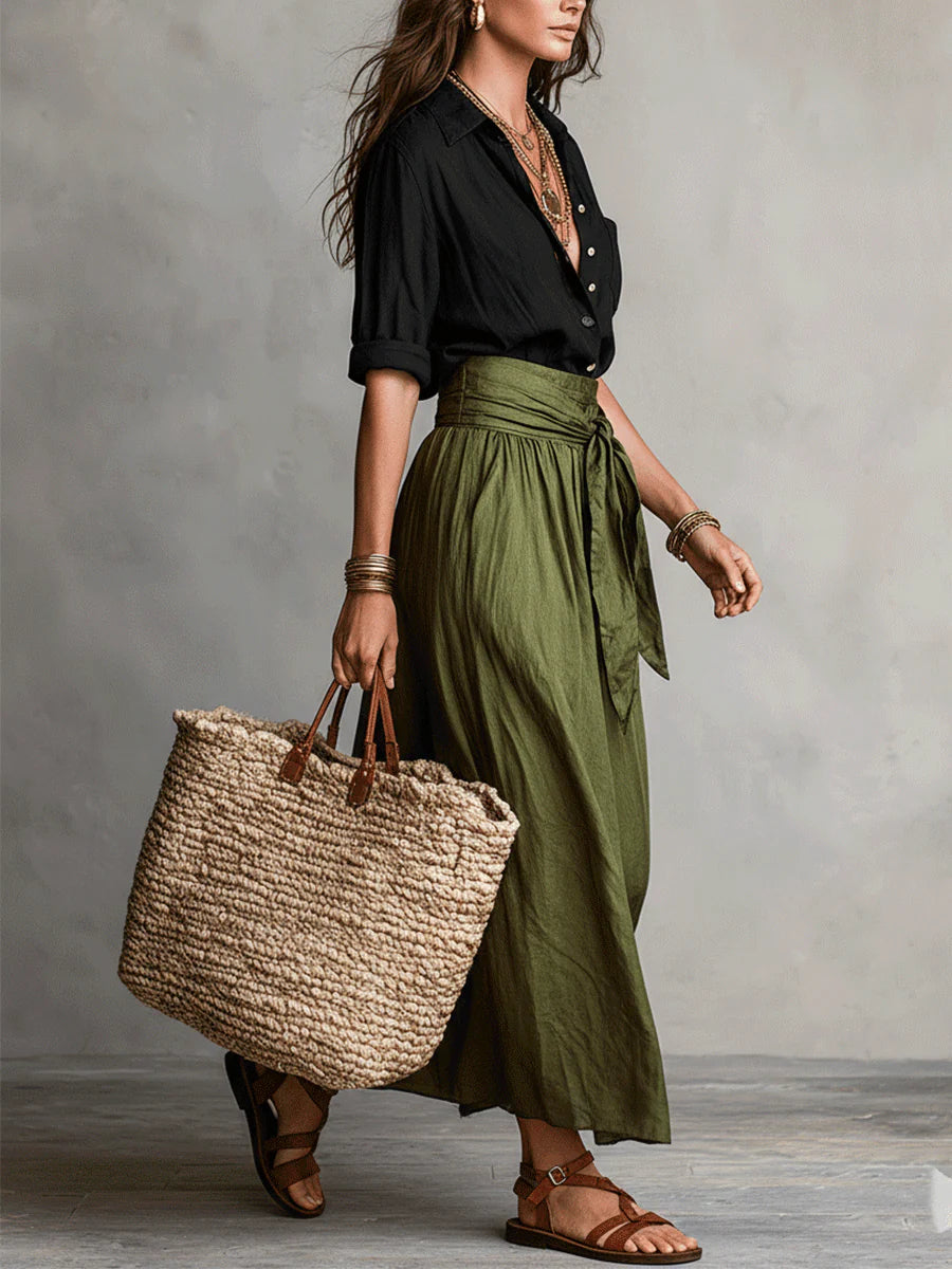 Women's Draping Button Shirt and Tie-Belt Midi Skirt Two-Piece