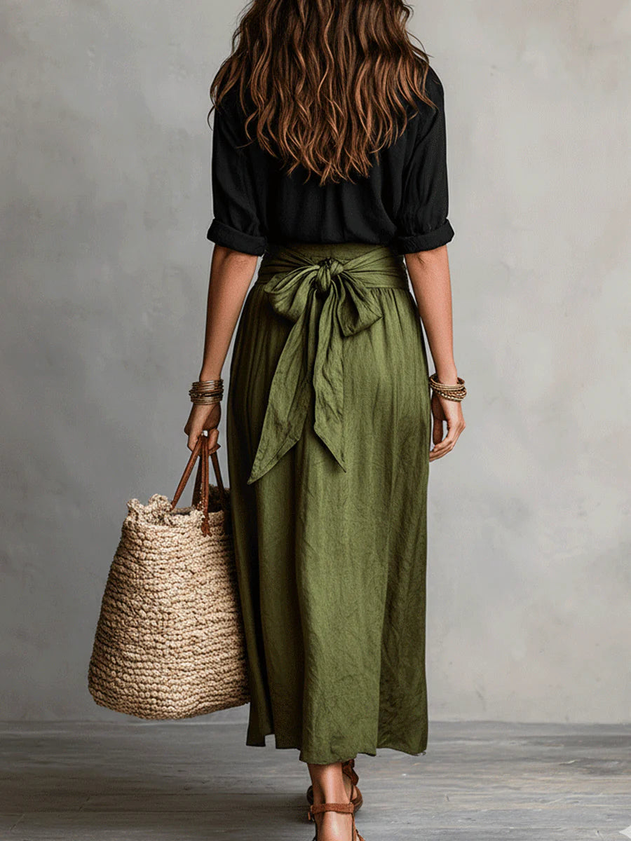 Women's Draping Button Shirt and Tie-Belt Midi Skirt Two-Piece