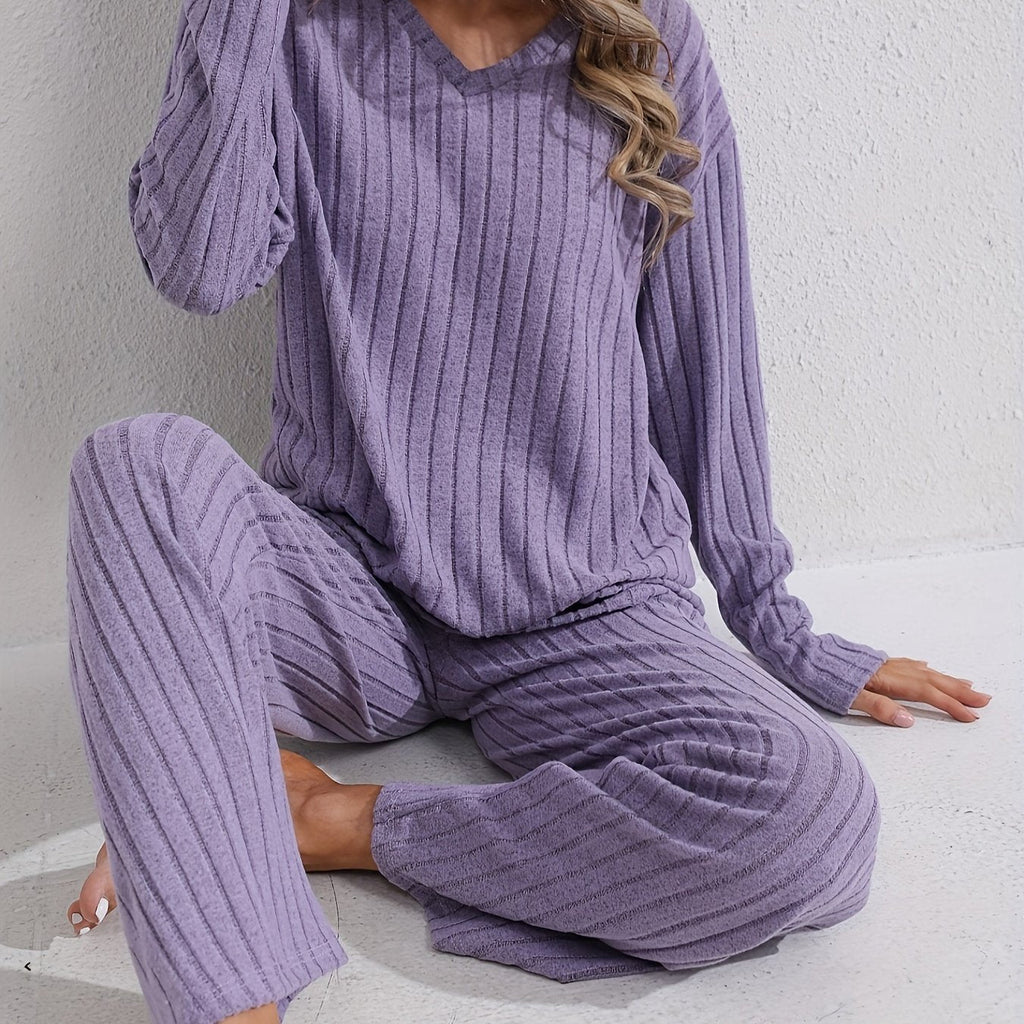 Women's Soft Rib Knit V-Neck Lounge Set - Purple