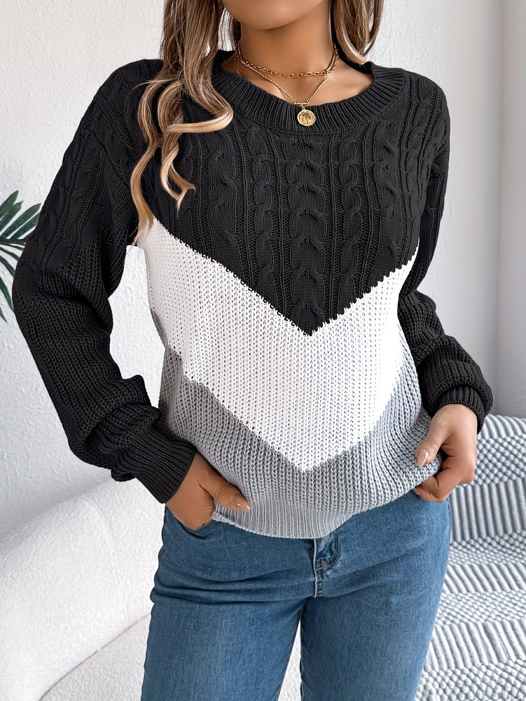 Women's Two-Tone Knit Crew Neck Pullover