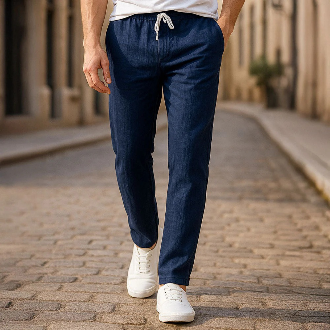 Men's Lightweight Linen Drawstring Trousers Beige Navy Summer Pants