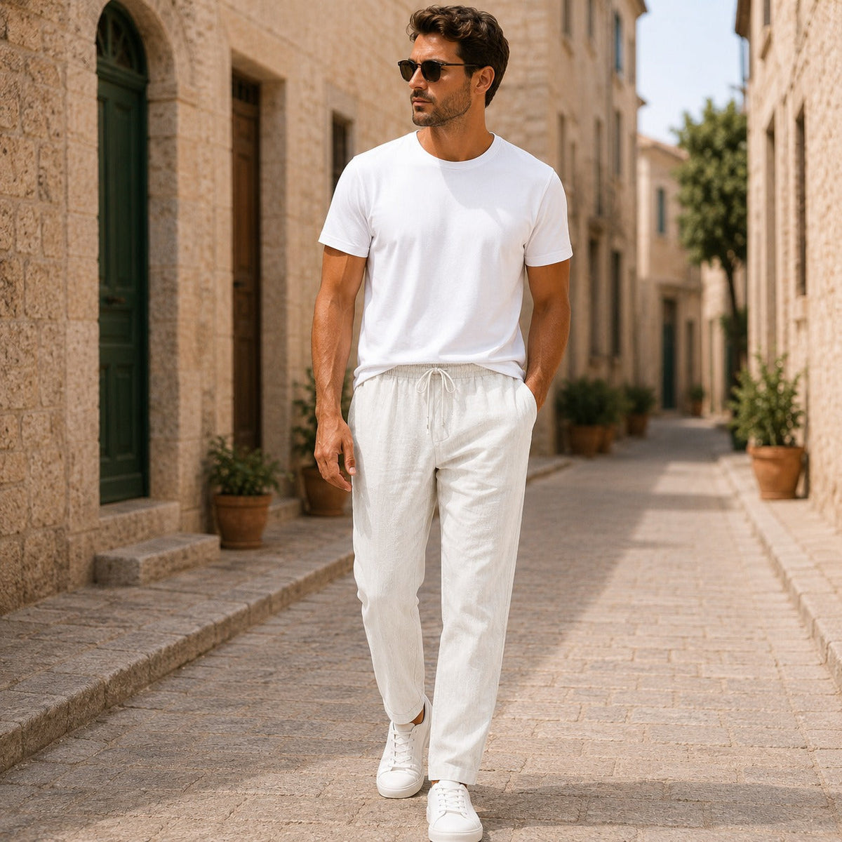 Men's Lightweight Linen Drawstring Trousers Beige Navy Summer Pants