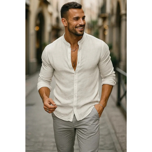 Men's Collarless Long Sleeve Shirt Lightweight Summer Style