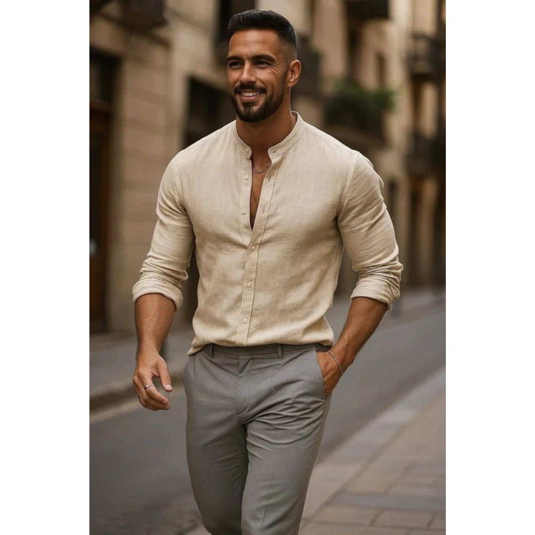 Men's Collarless Long Sleeve Shirt Lightweight Summer Style