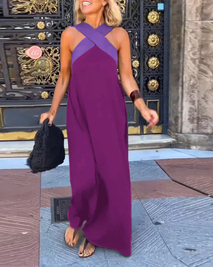 Women's Crossover Halter Maxi Dress With Flowing Silhouette