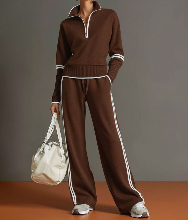 Women's Quarter-Zip Stretch Lounge Set with Palazzo Joggers - Dark Brown