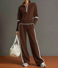 Women's Quarter-Zip Stretch Lounge Set with Palazzo Joggers - Dark Brown