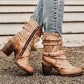 Women's Suede Twin-Strap Ankle Boots with Chunky Heel - Khaki