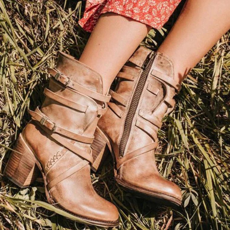 Women's Suede Twin-Strap Ankle Boots with Chunky Heel
