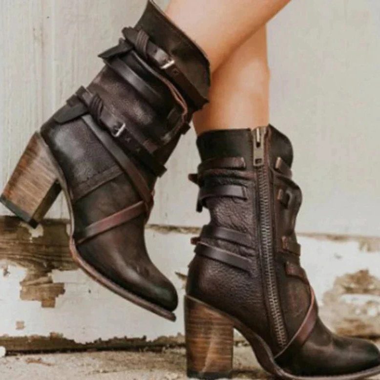 Women's Suede Twin-Strap Ankle Boots with Chunky Heel