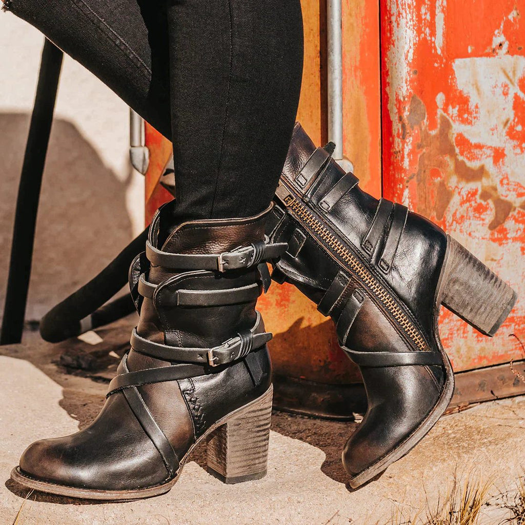 Women's Suede Twin-Strap Ankle Boots with Chunky Heel