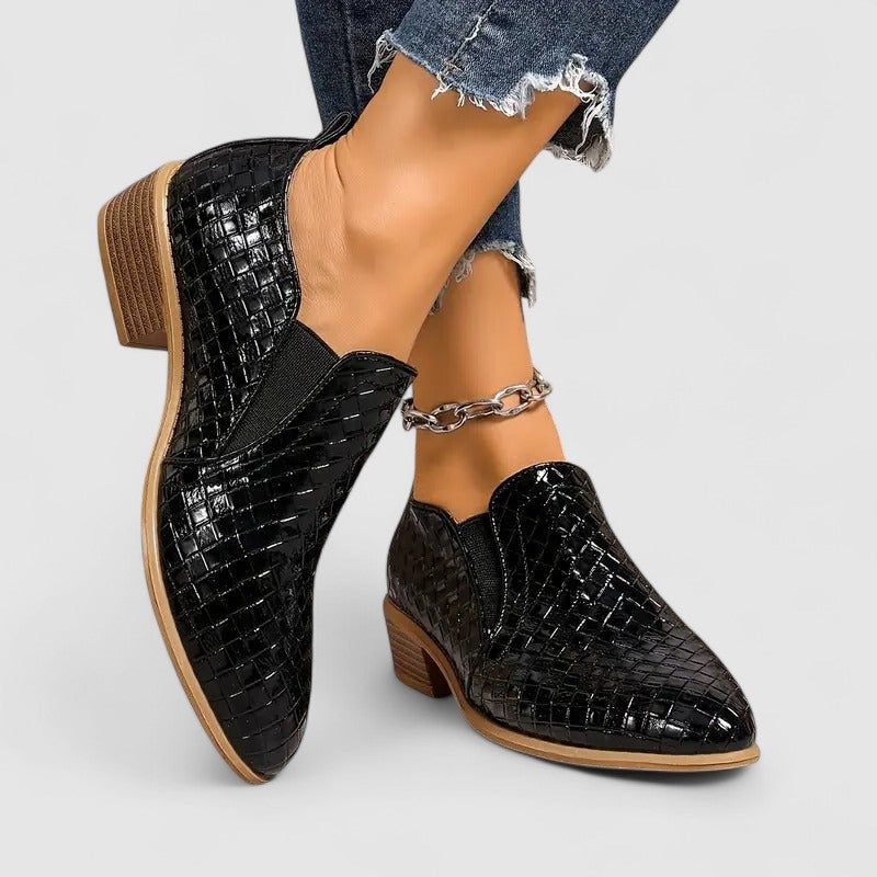 Women's Mock Croc Stacked Heel Slip-On Loafers - Black