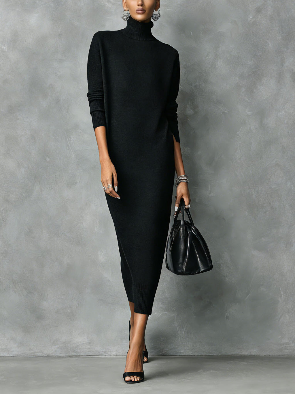 Women's High Neck Long Sleeve Rib Knit Maxi Dress - Black