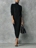 Women's High Neck Long Sleeve Rib Knit Maxi Dress - Black