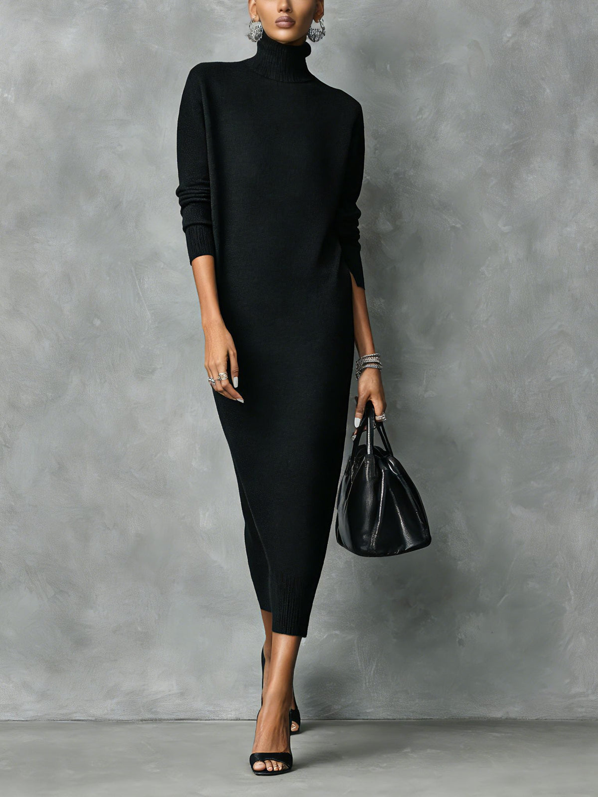 Women's High Neck Long Sleeve Rib Knit Maxi Dress - Black