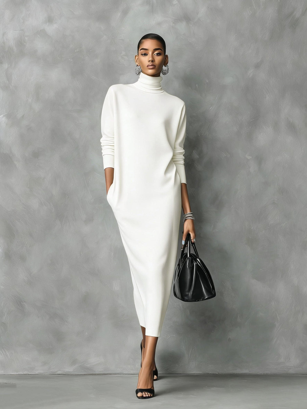Women's High Neck Long Sleeve Rib Knit Maxi Dress - White
