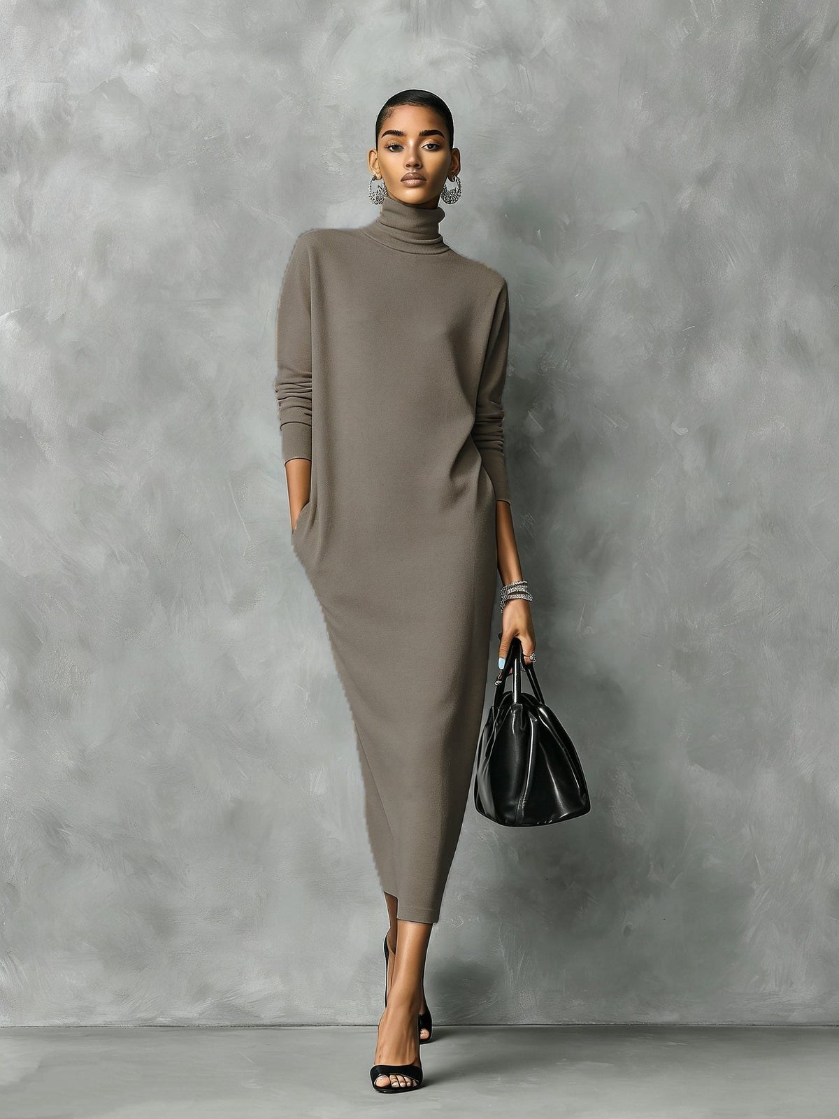 Women's High Neck Long Sleeve Rib Knit Maxi Dress - Khaki Brown