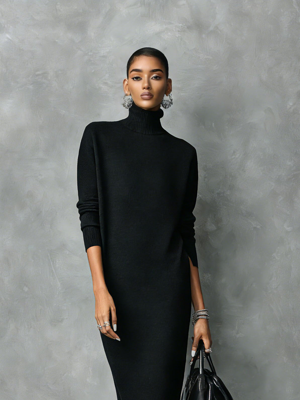 Women's High Neck Long Sleeve Rib Knit Maxi Dress