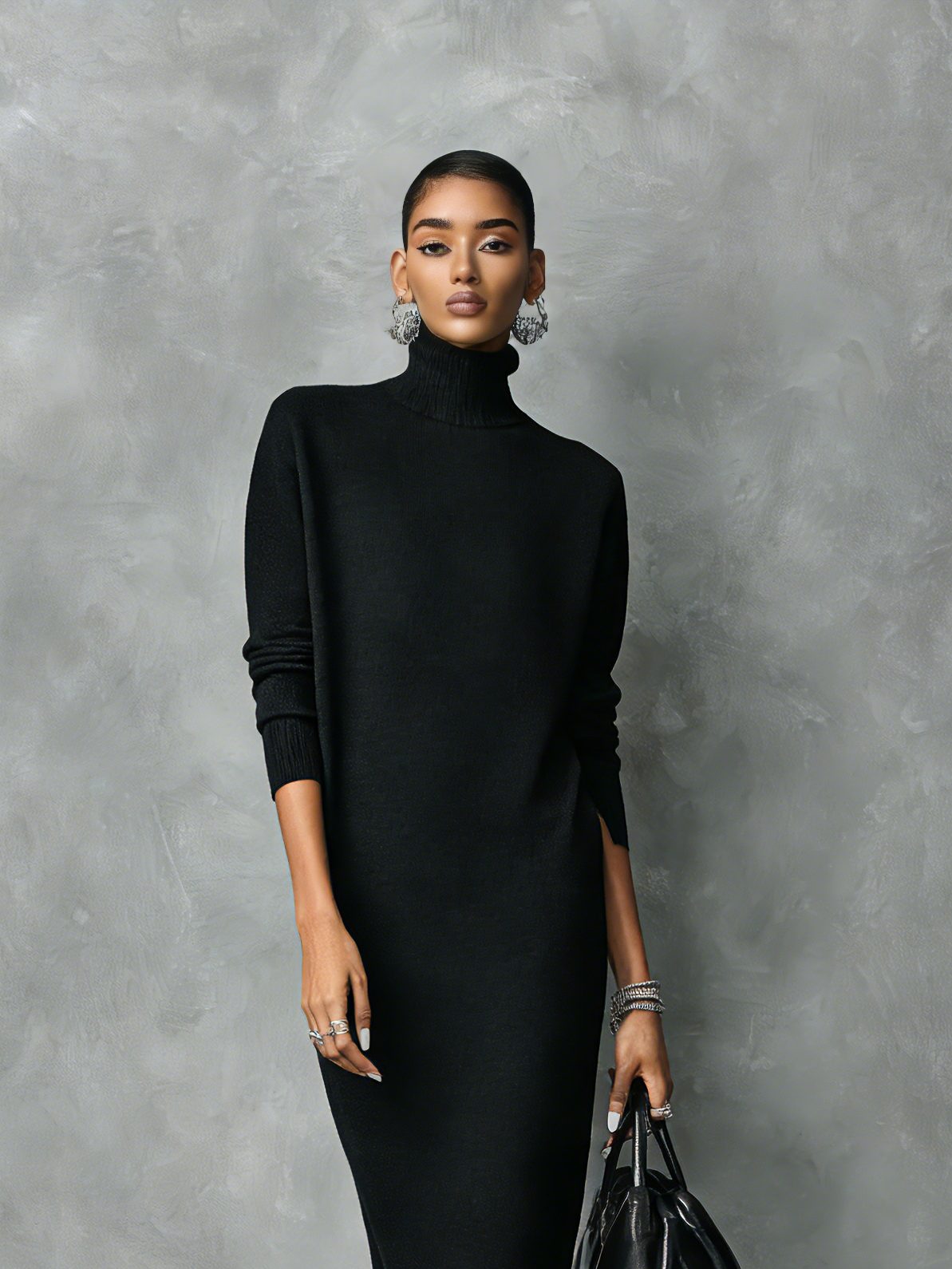 Women's High Neck Long Sleeve Rib Knit Maxi Dress