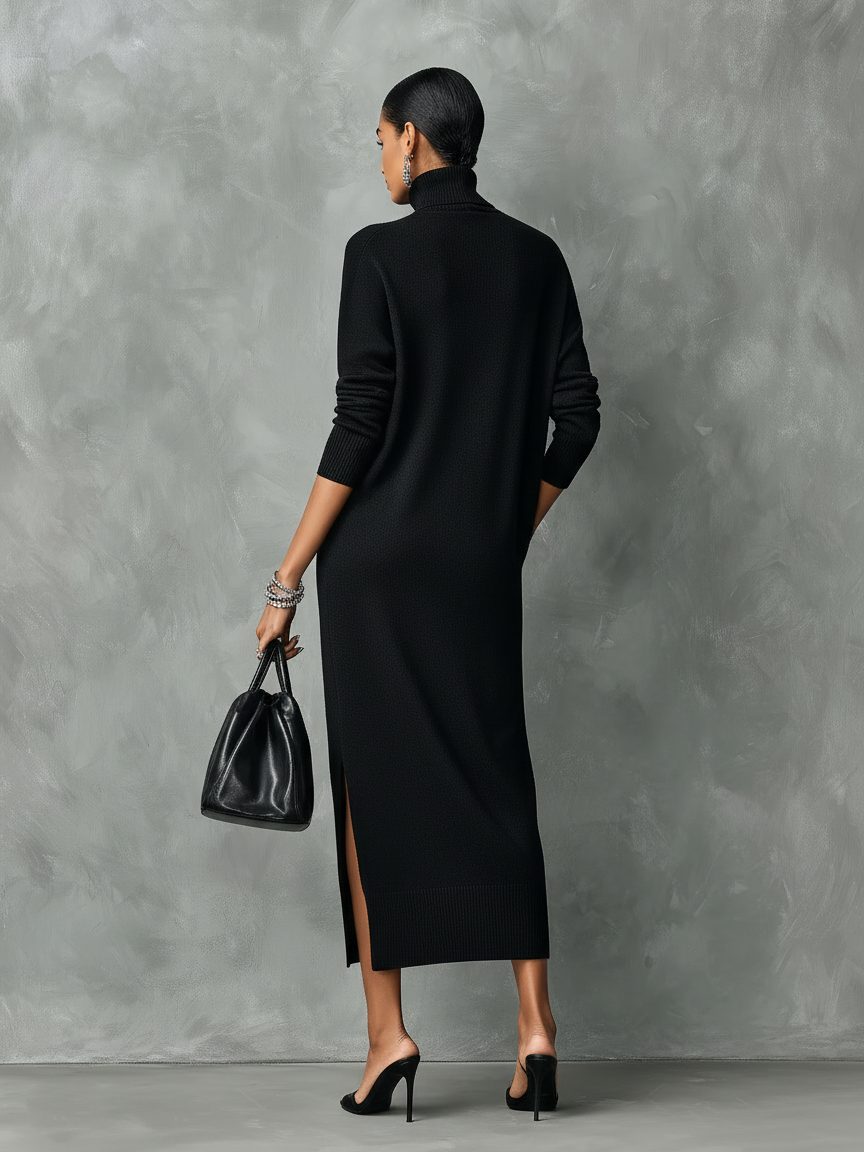 Women's High Neck Long Sleeve Rib Knit Maxi Dress