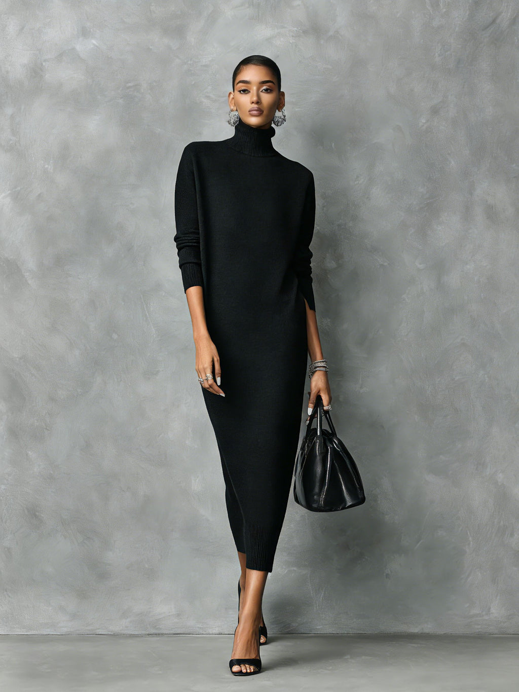 Women's High Neck Long Sleeve Rib Knit Maxi Dress