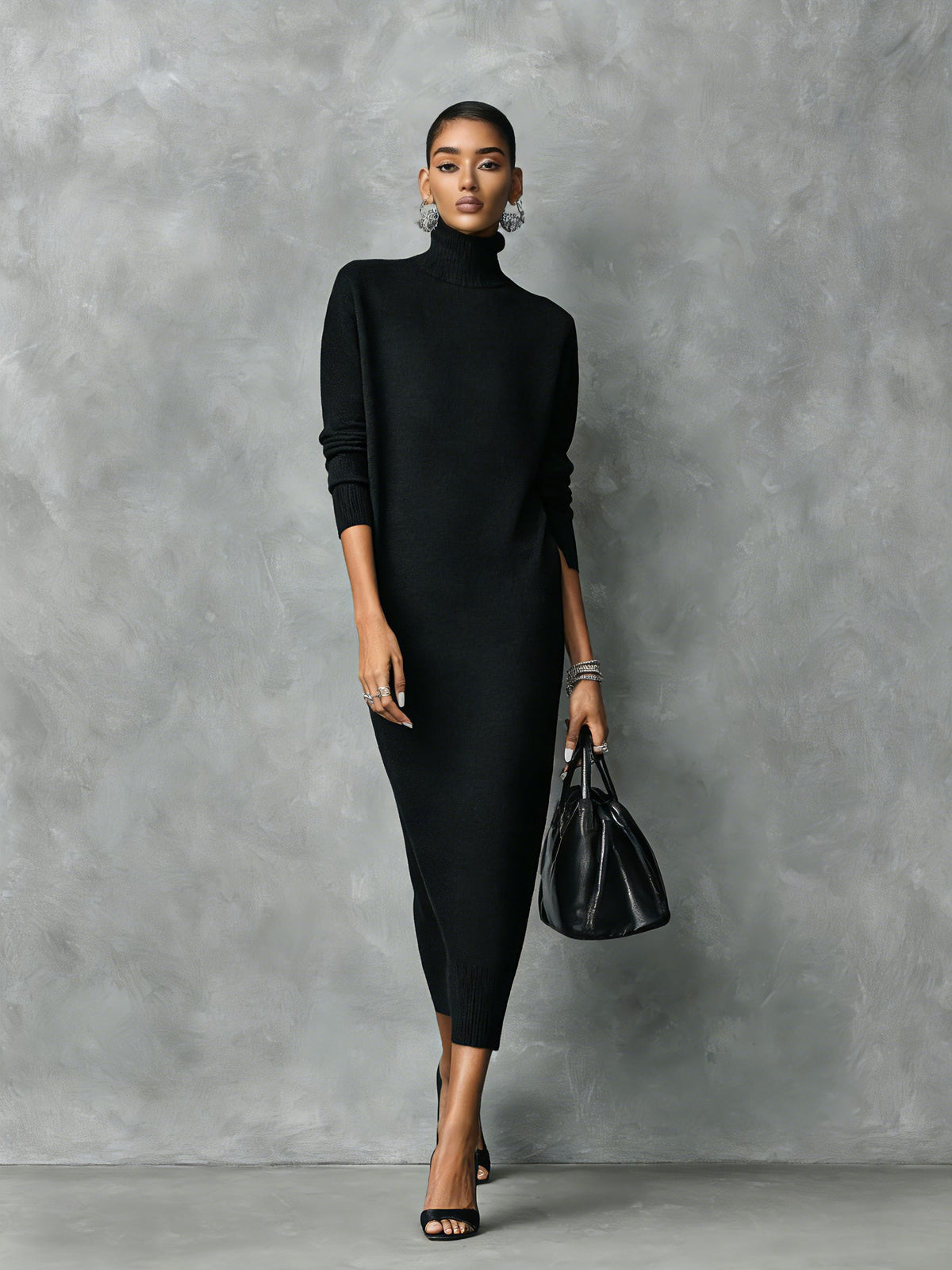 Women's High Neck Long Sleeve Rib Knit Maxi Dress