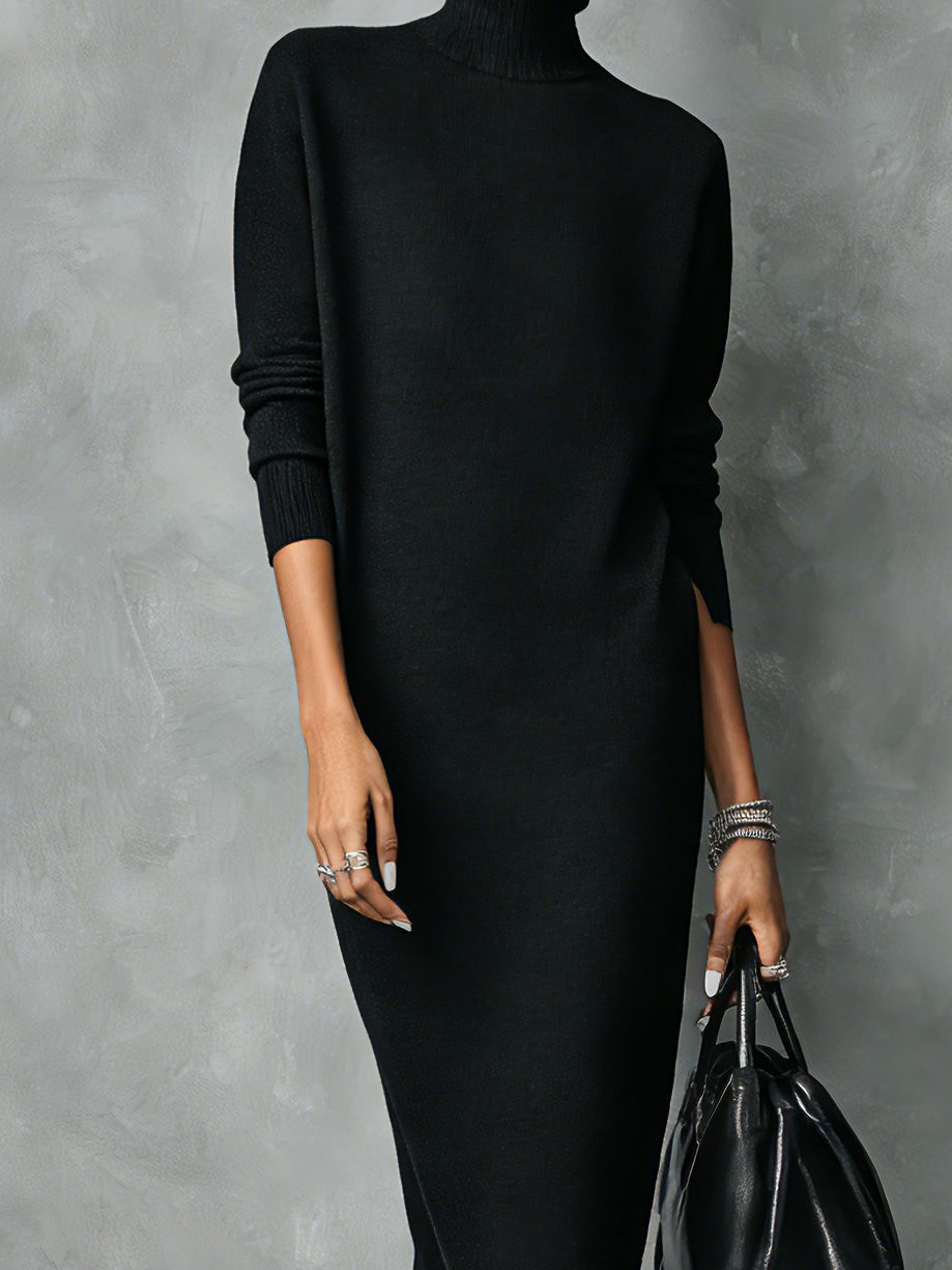 Women's High Neck Long Sleeve Rib Knit Maxi Dress